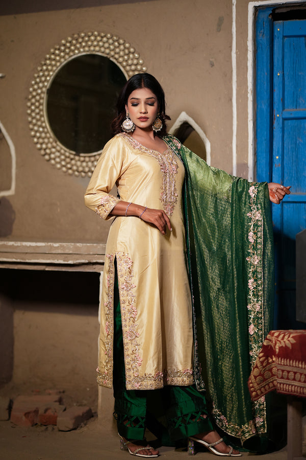 Golden Embroidered Kurta & Green Pants Set